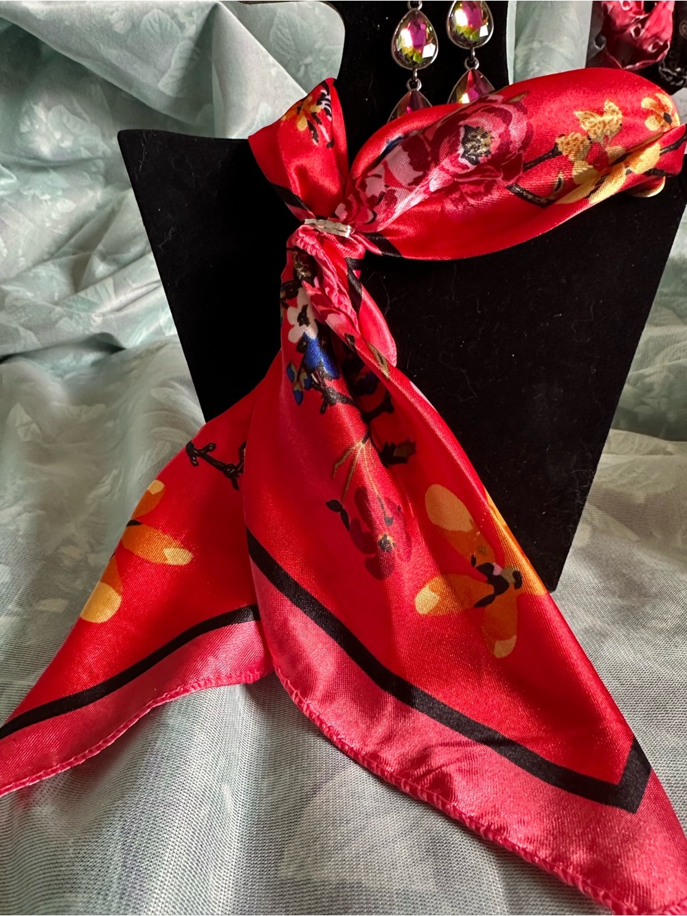 Ella Moss Red Floral Satin Neck Scarf with Yellow Accents